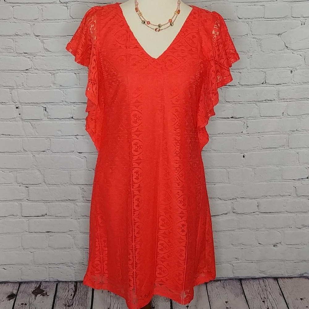 Flutter sleeve lace coral dress NWT